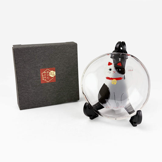 Glass Dish Mamezara Lucky Cat Black/White (3.5"D)