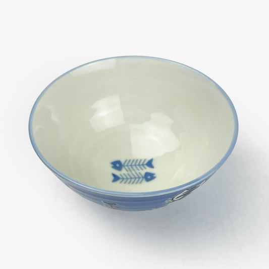 Rice Bowl Cat Blue Fish Bone (4.5"D)