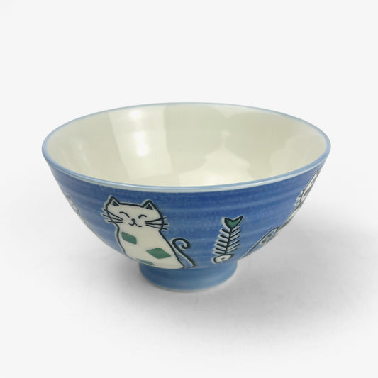 Rice Bowl Cat Blue Fish Bone (4.5"D)