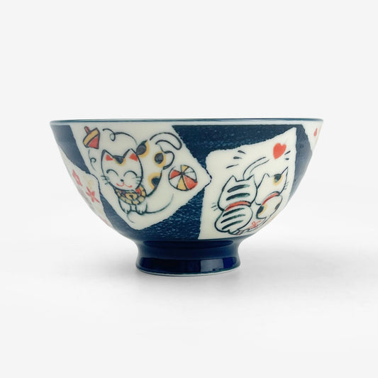 Rice Bowl Cat Blue Maneki (4.5"D)