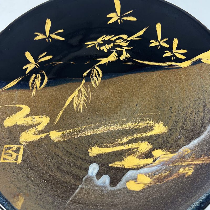 mba Yaki Kinsai Plate (Bird and Dragonfly) by Chiyoichi Shimizu