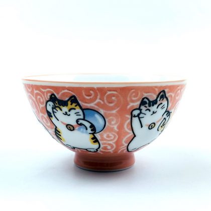 Rice Bowl Karakusa Maneki Cat Red (4.5"D)