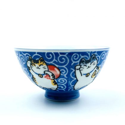 Rice Bowl Karakusa Maneki Cat Blue (4.5"D)